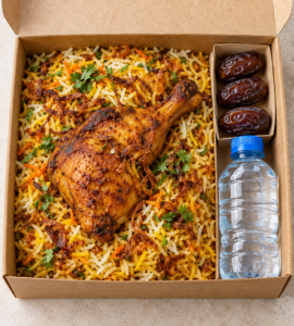 Complete Ramadan Iftar meal box with biryani dates fruit laban and water
