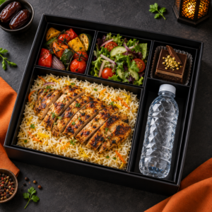 Custom event meal boxes featuring chicken, rice, fresh vegetables, salad, dessert and bottled water.