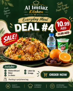 Chicken Biryani with Fruit – AED 10.99 Chicken Biryani Water 3 Dates Laban Up Orange