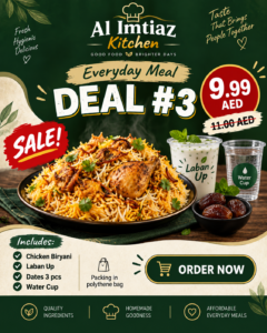 Chicken Biryani with Laban – AED 9.99 Chicken Biryani Laban Up 3 Dates Water Cup