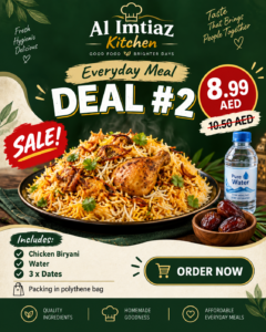 Chicken Biryani with Dates – AED 8.99 Chicken Biryani Water 3 Dates