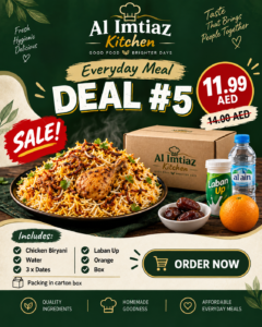 Chicken Biryani Box Meal – AED 11.99 Chicken Biryani Water 3 Dates Laban Up Orange Meal Box