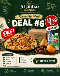 Chicken Biryani with Samosa – AED 13.99 Chicken Biryani Water 3 Dates Laban Up Orange Samosa Meal Box